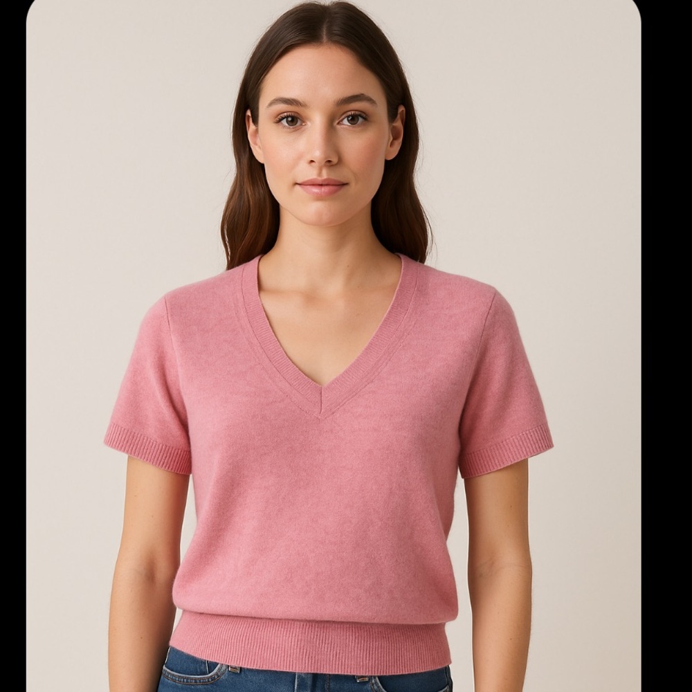 NAADAM Pink Cashmere V-Neck Short Sleeve Sweater Size Small